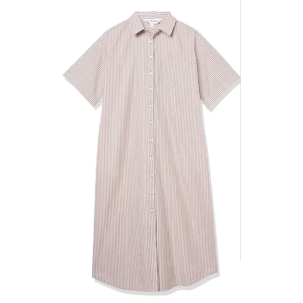 The Drop Womens Striped Button-Down Midi Shirt Dress Beige/White All-Season - Picture 3 of 4